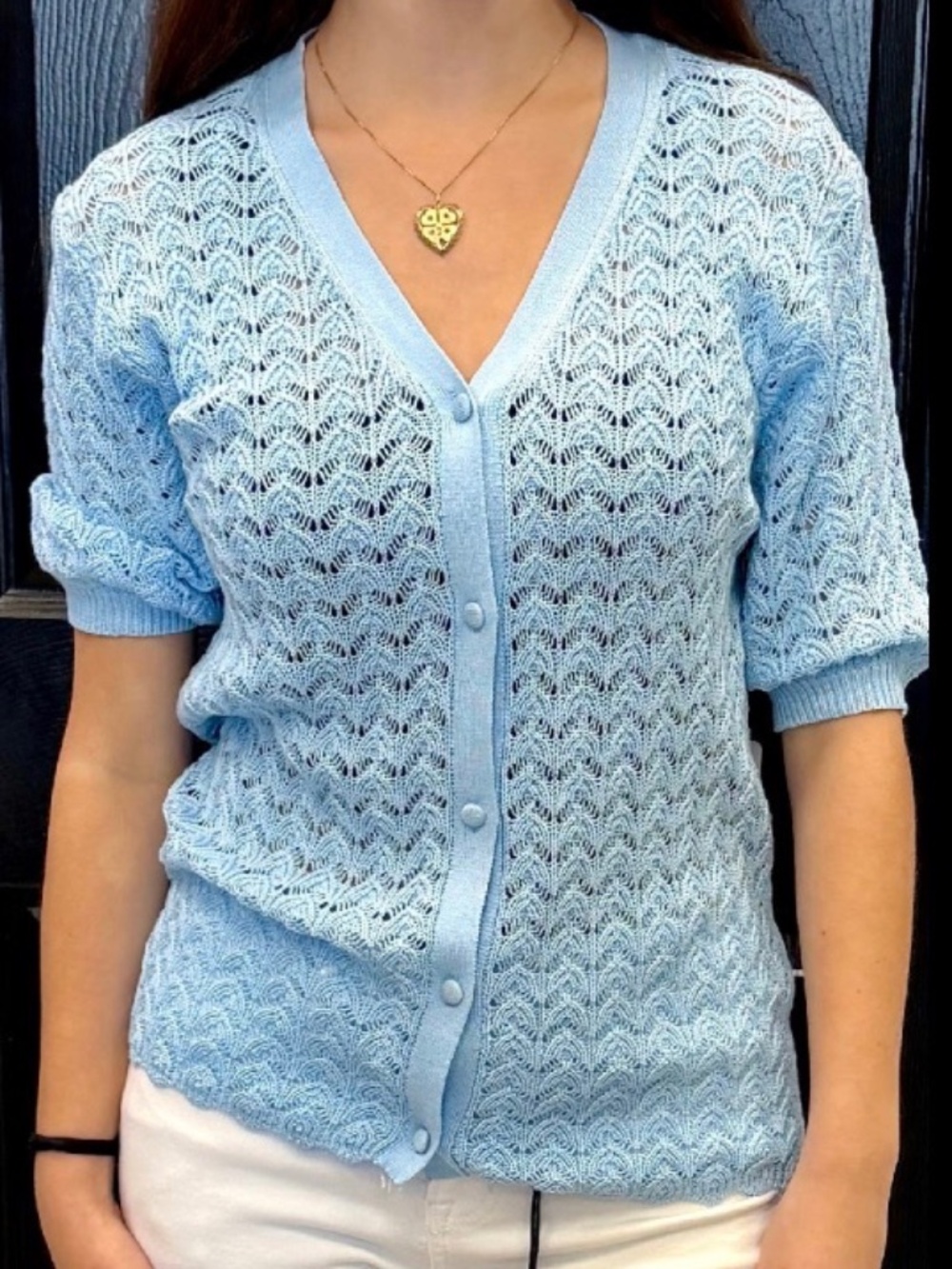 Six Fifty blue Lark crochet cardigan, original price $90